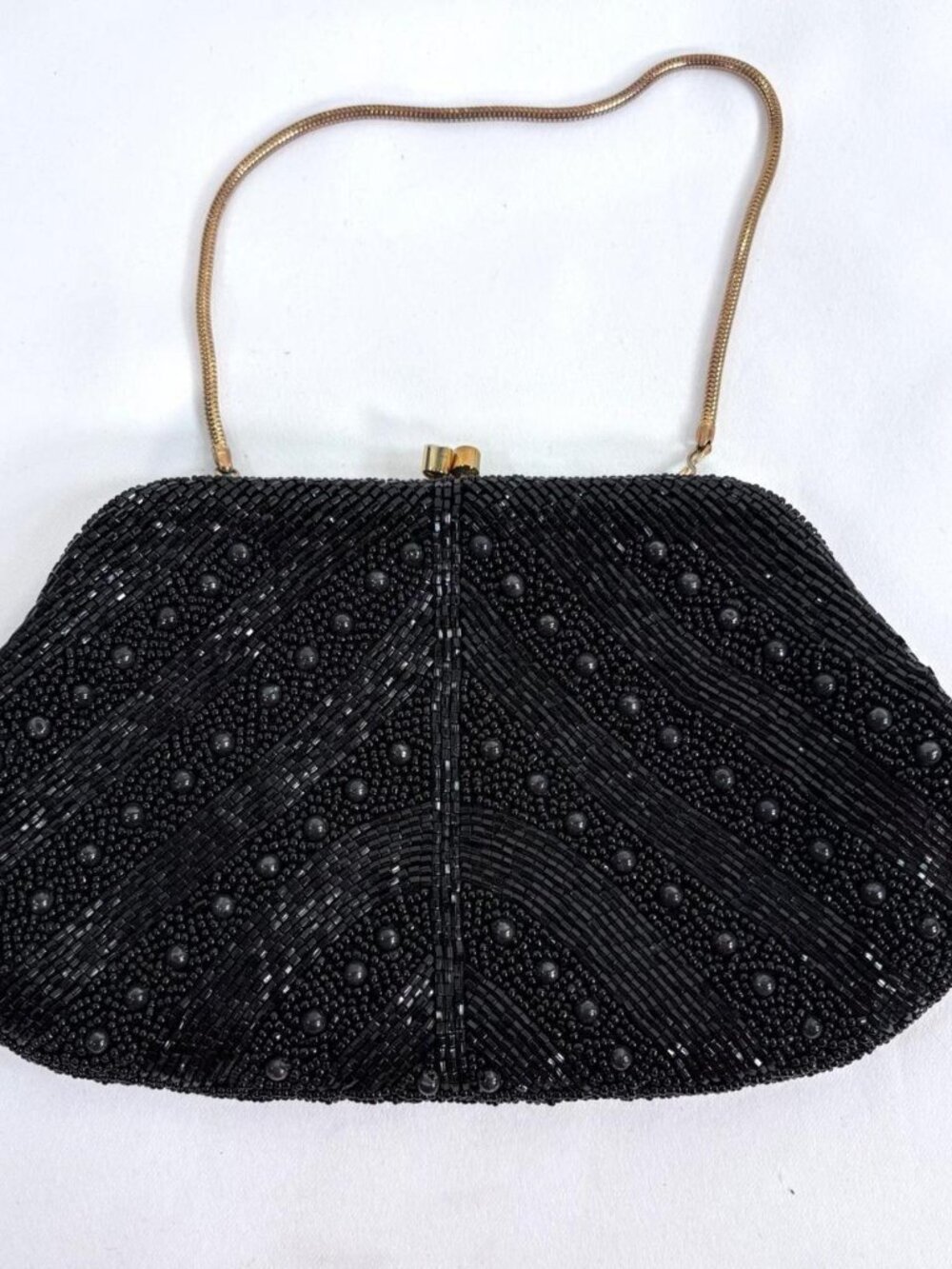 Vintage Black Beaded Evening Clutch with Gold Chain